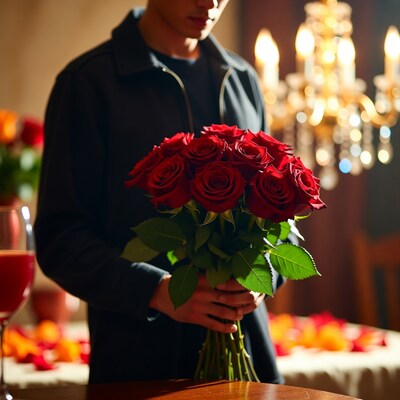 Man holding red roses bouquet