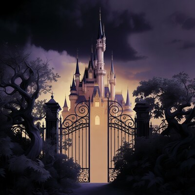 Magical Castle with Open Gate at Night