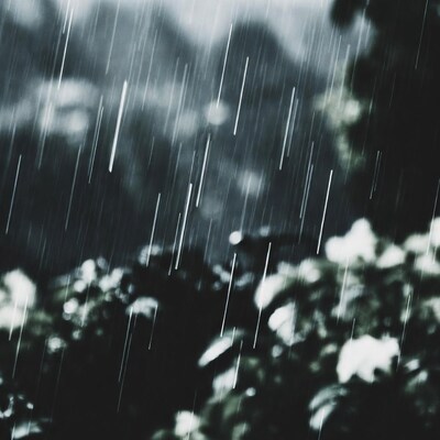 Heavy rain falling on blurred trees