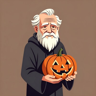 Old man holding jack-o-lantern pumpkin