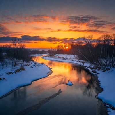 Winter River Sunset with Snowy Banks