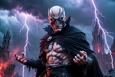 Bald vampire lord in lightning storm