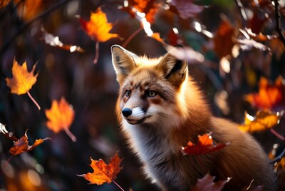Red fox among autumn leaves