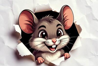 Cute mouse peeking through torn paper