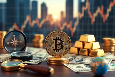 Bitcoin Coin with Gold Bars and Compass