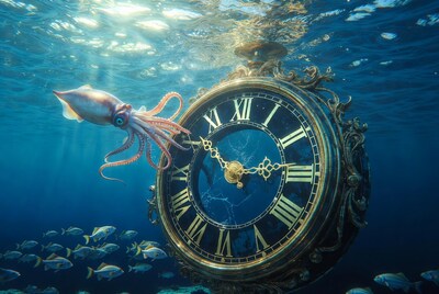 Squid near ornate clock underwater