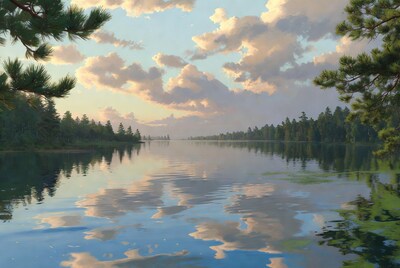 Pine Forest Framing Calm Lake Sunset