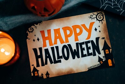 Happy Halloween Sign with Pumpkin Candle