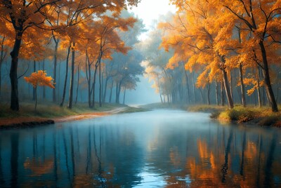 Autumn Trees Lining Misty Blue River