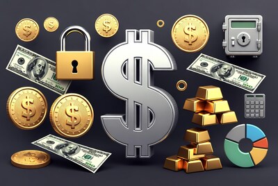 3D Money Symbols and Gold Bars