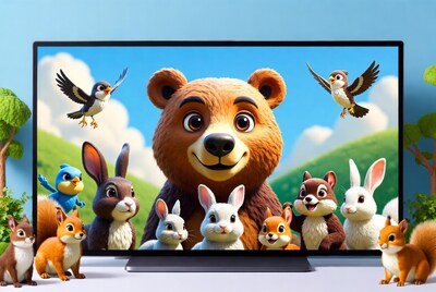 Cartoon bear rabbits squirrels on TV screen