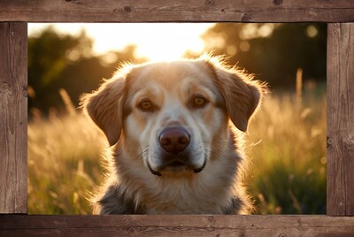 Golden Retriever in sunset grass