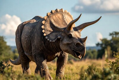 Triceratops walking in grassy field