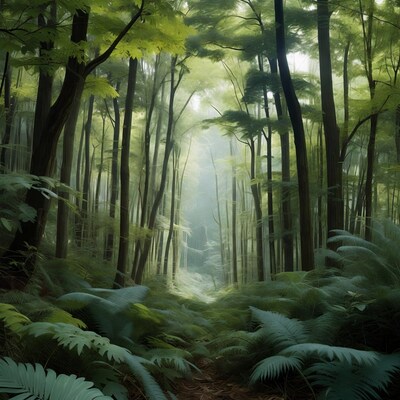 Sunlit Forest Path with Ferns
