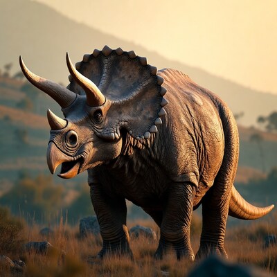 Triceratops roaring in sunset landscape