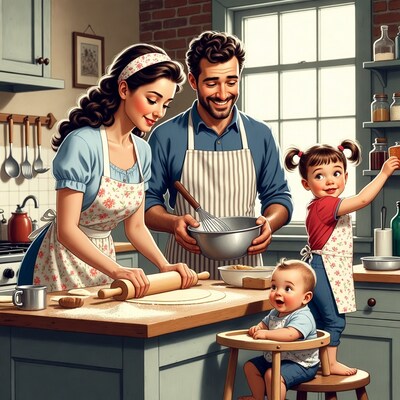 Family baking together in kitchen