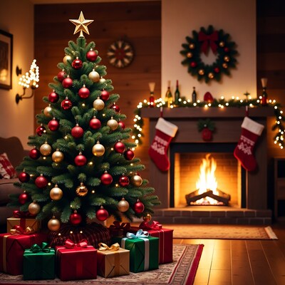Christmas tree with gifts by fireplace