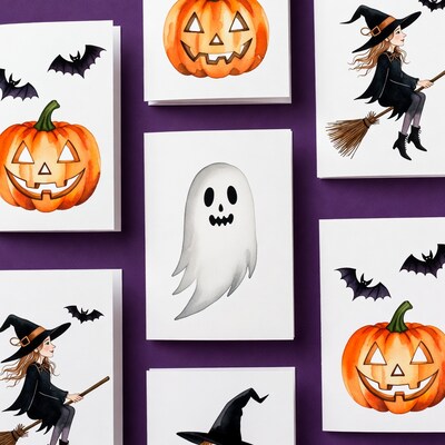 Halloween Cards with Pumpkins Witches Ghosts