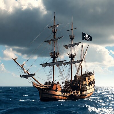 Pirate Ship Sailing on Ocean