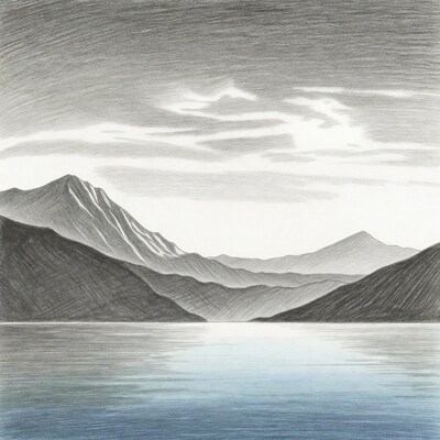 Pencil sketch of mountains and lake