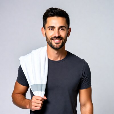 Smiling man holding white towel