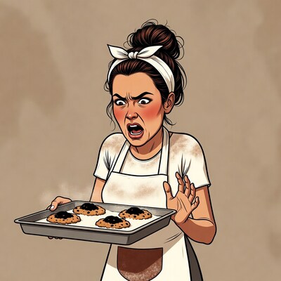 Woman screaming holding burnt cookies