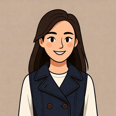 Smiling Asian woman in navy coat illustration