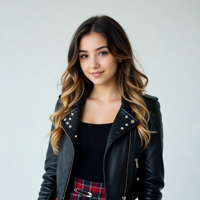 Young woman in leather jacket plaid skirt