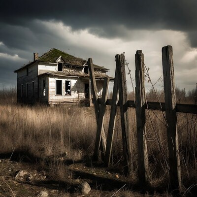Abandoned house behind wooden fence