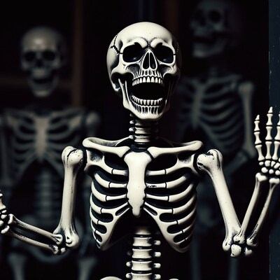 Grinning Skeleton Waving with Background Skeletons