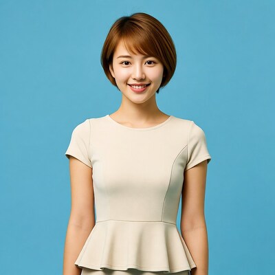 Asian woman smiling on blue background