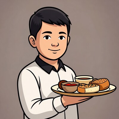 Asian man holding plate of food