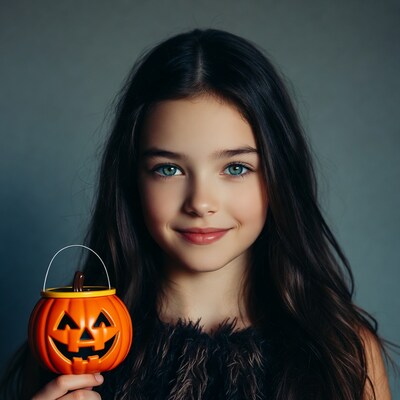 Girl holding jack-o-lantern bucket