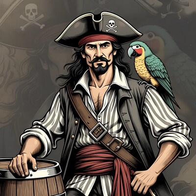 Pirate man with parrot on barrel
