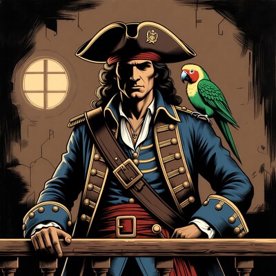 Pirate man with parrot on ship