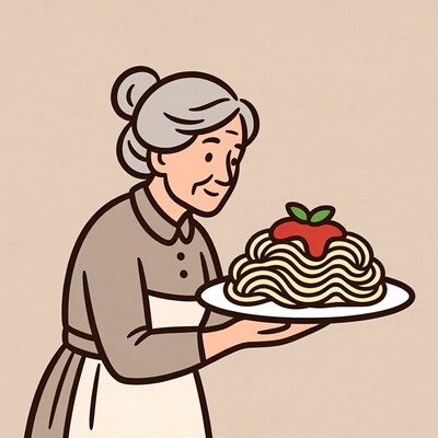 Elderly woman serving spaghetti