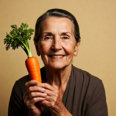 Elderly woman holding fresh carrot