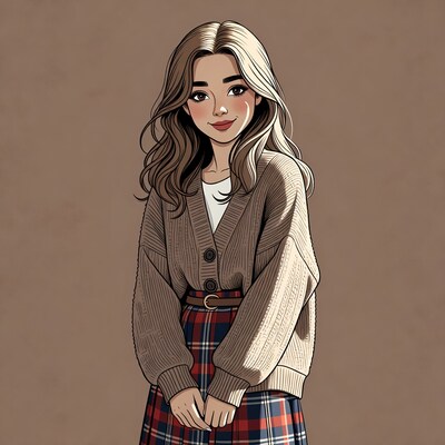 Woman in beige cardigan and plaid skirt illustration
