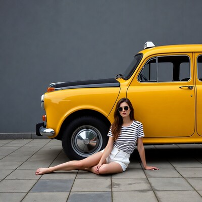 Woman sitting by yellow taxi