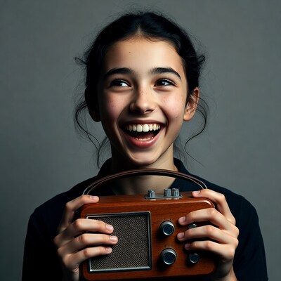 Girl smiling holding vintage radio