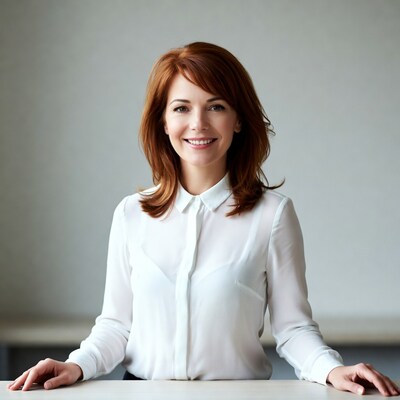 Redhead woman smiling at desk