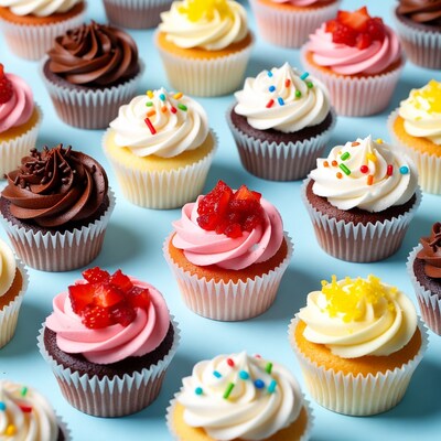 Colorful cupcakes on blue background