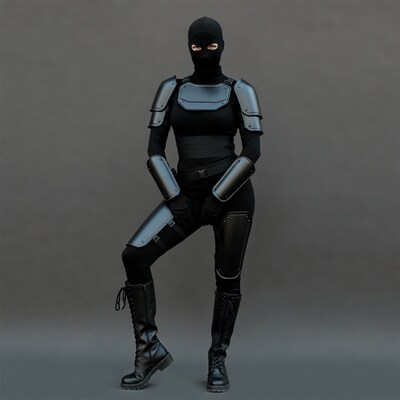 Woman in black balaclava and armor