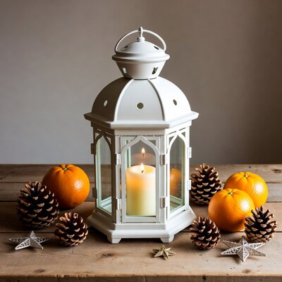 White Lantern with Candle Oranges Pinecones