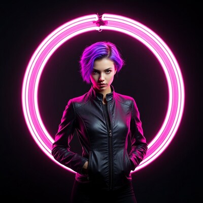 Woman with purple hair in pink neon circle