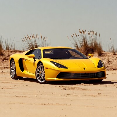 Yellow Lamborghini Aventador on beach