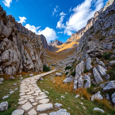 Stone path through mountain valley