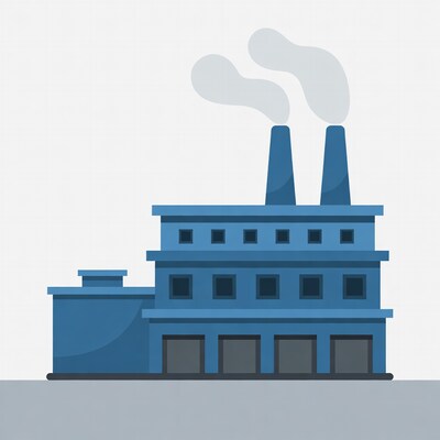 Blue Factory with Smokestacks