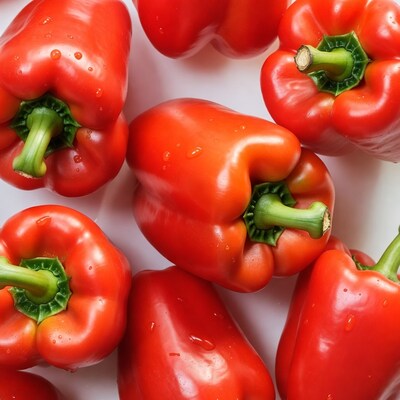Fresh Red Bell Peppers with Water Droplets