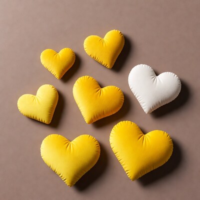 Yellow and white heart pillows on beige background